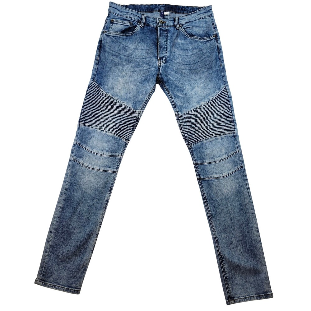 H&M Divided Moto Biker Jeans Men 34 Light Wash Blue Excellent Skinny Ribbed Knee